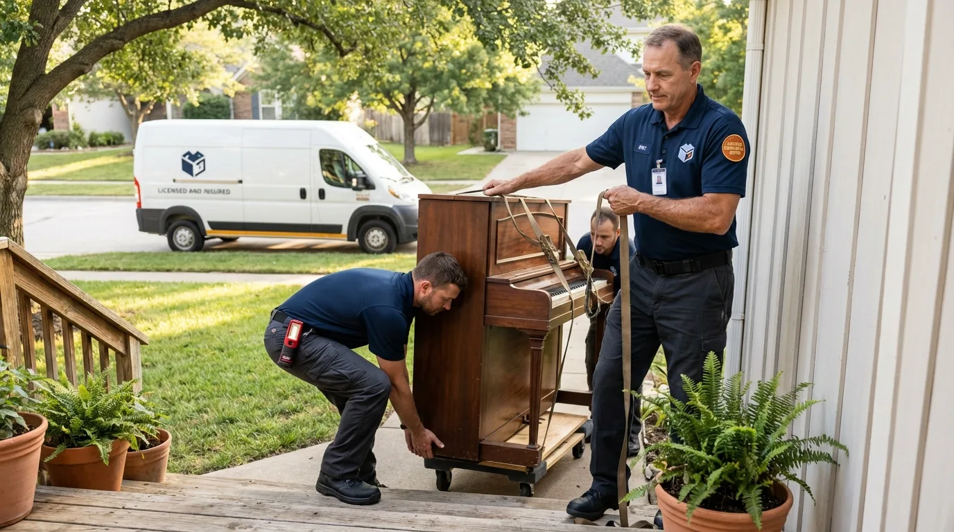 Licensed piano movers securing grand piano in Orrville, OH