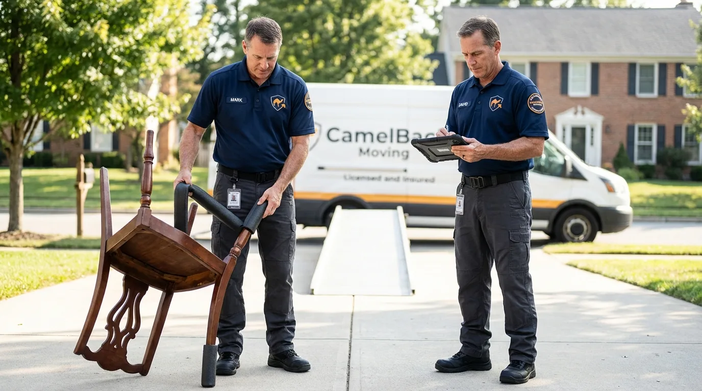 Movers inspecting furniture for damage prevention before loading in Orrville, OH